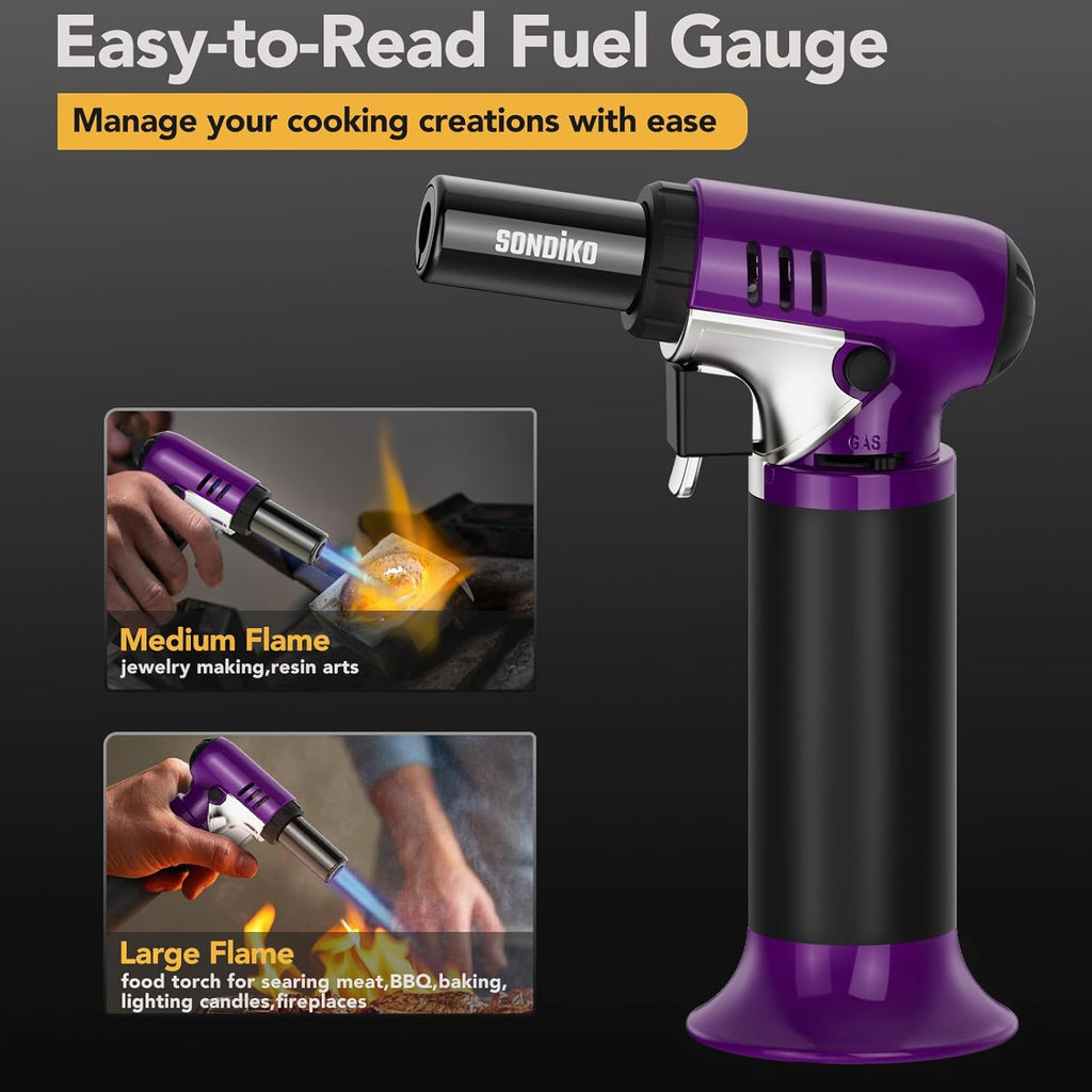 Sondiko Butane Torch - Refillable Soldering Lighter with Adjustable Flame | Purple & Black Design