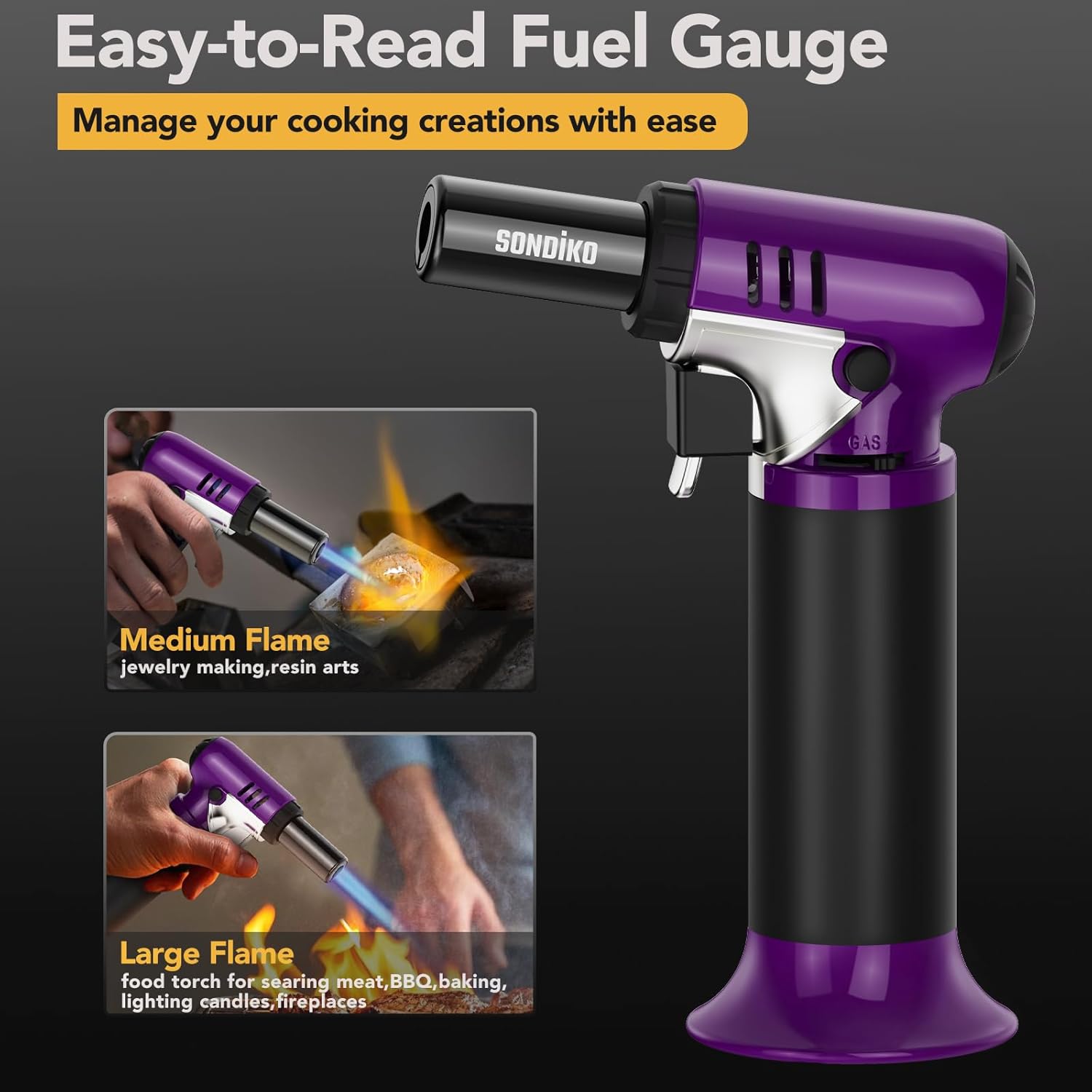 Sondiko Butane Torch - Refillable Soldering Lighter with Adjustable Flame | Purple & Black Design