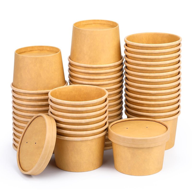 Giwrmu 8 Oz Disposable Paper Soup Cups, 50 Pack Kraft Paper Cups, Soup Containers with Vented Lids, Microwave Safe Party Cups, Eco Friendly Alternative to Plastic Containers