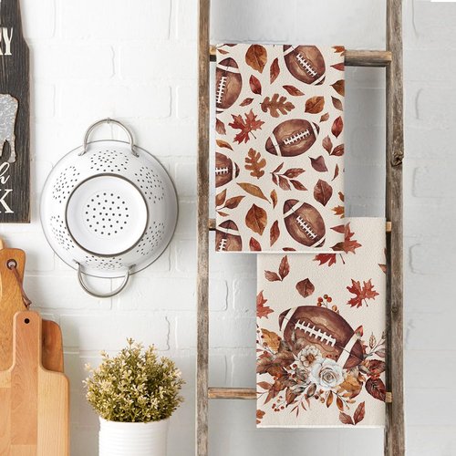 Artoid Mode Maple Leaves Football Kitchen Towels Dish Towels, 18x26 Inch Bowknot Fall Flower Thanksgiving Decoration Hand Towels Set of 2