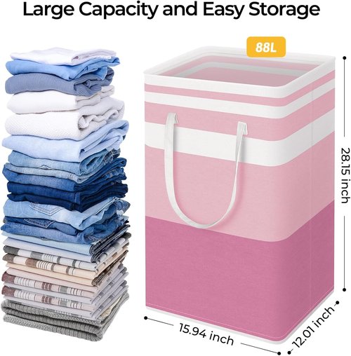 HomeHacks Large Waterproof Laundry Baskets - Collapsible Hampers with Reinforced Handles (Blue & Pink, 88L Each)
