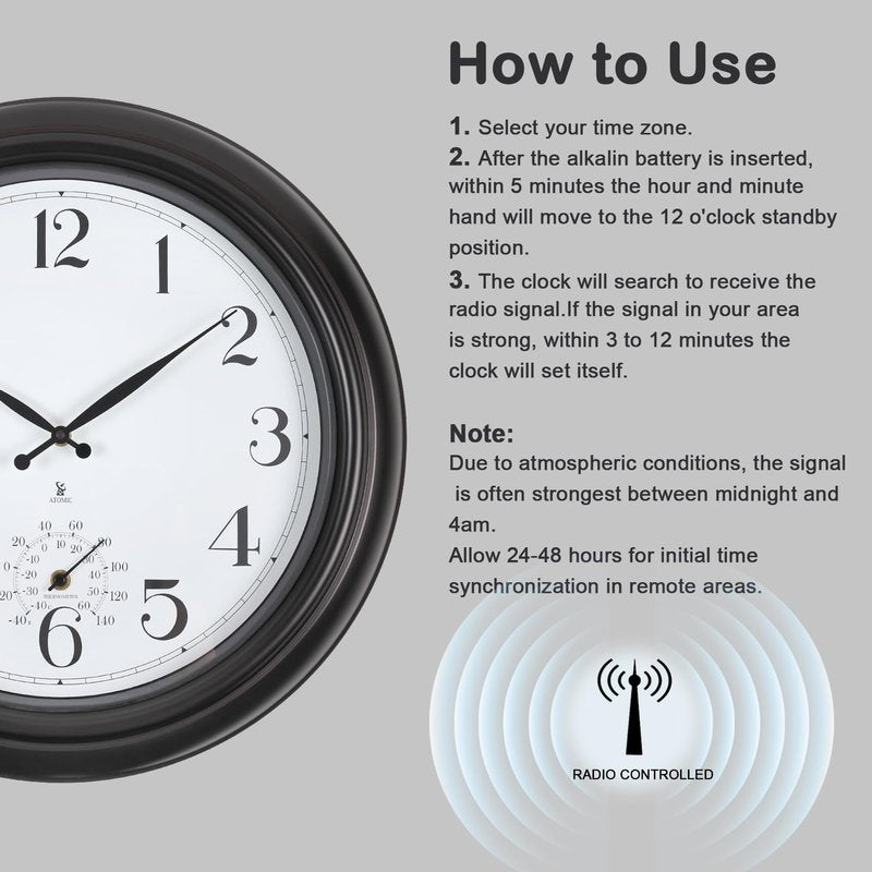 Aurowit Atomic Outdoor Wall Clock 18 Inch Sealed Outdoor Waterproof Clock with Temperature, Auto-Set Time, Easy to Read - Large Patio, Pool Clock for Outside, Backyard, Garden
