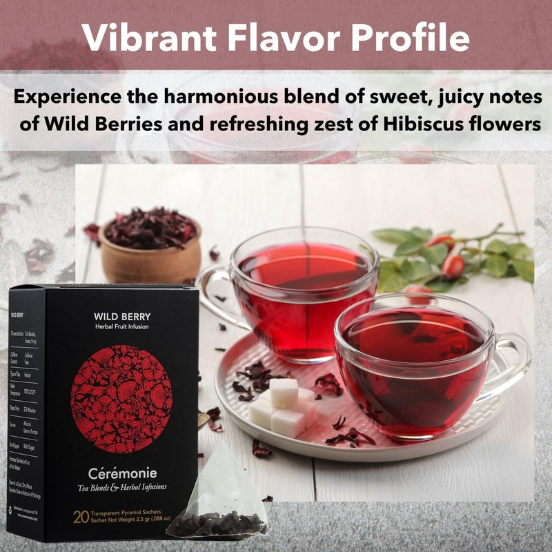 Ceremonie Wild Berry Herbal Fruit Infusion Tea - Full-Bodied, Sweet & Fruity - Caffeine Free with Hibiscus & Wild Berries - Bright Red Hue - 2-3 Minutes Steep Time - 20 Transparent Pyramid Sachet