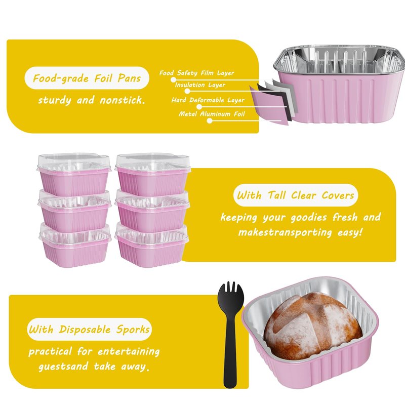 Ksmxos 50 Pack Square Mini Cake Pans with Lids,Mini Loaf Pans with Lids,Aluminum Foil Baking Cups,Disposable Ramekins Cupcake Cups,Dessert Cups for Wedding Birthday Party Picnics,5oz (Pink)