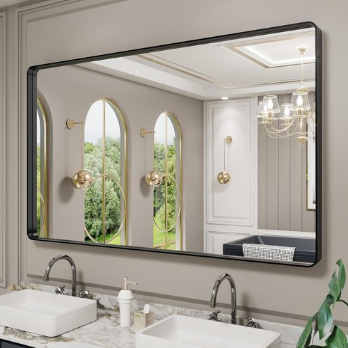 LOAAO Black Metal Framed Bathroom Mirror - Large 60x36 Inch Rounded Rectangle | Anti-Rust Tempered Glass, Versatile Hanging Options