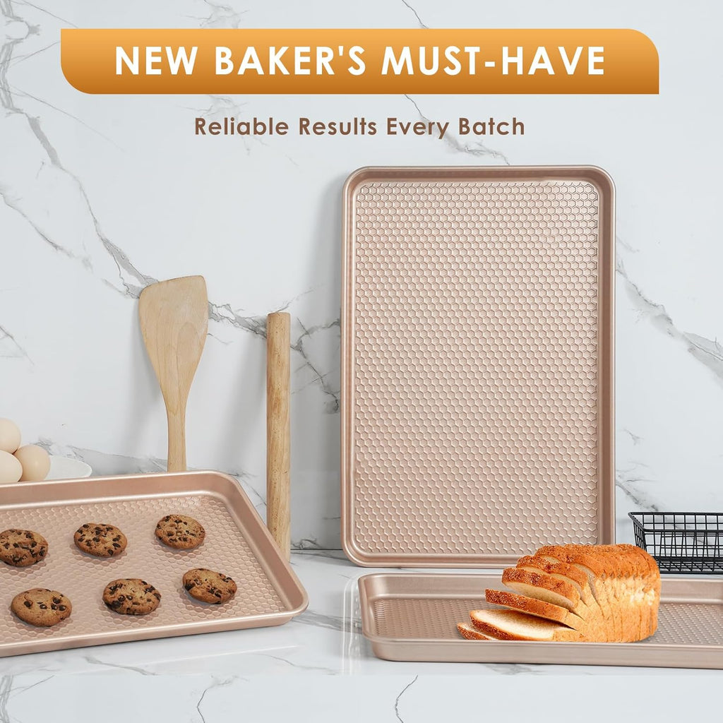 Skiennix Baking Sheet Pan Set - Nonstick Carbon Steel Cookie Sheets | Heavy Duty Rose Gold, Easy Clean