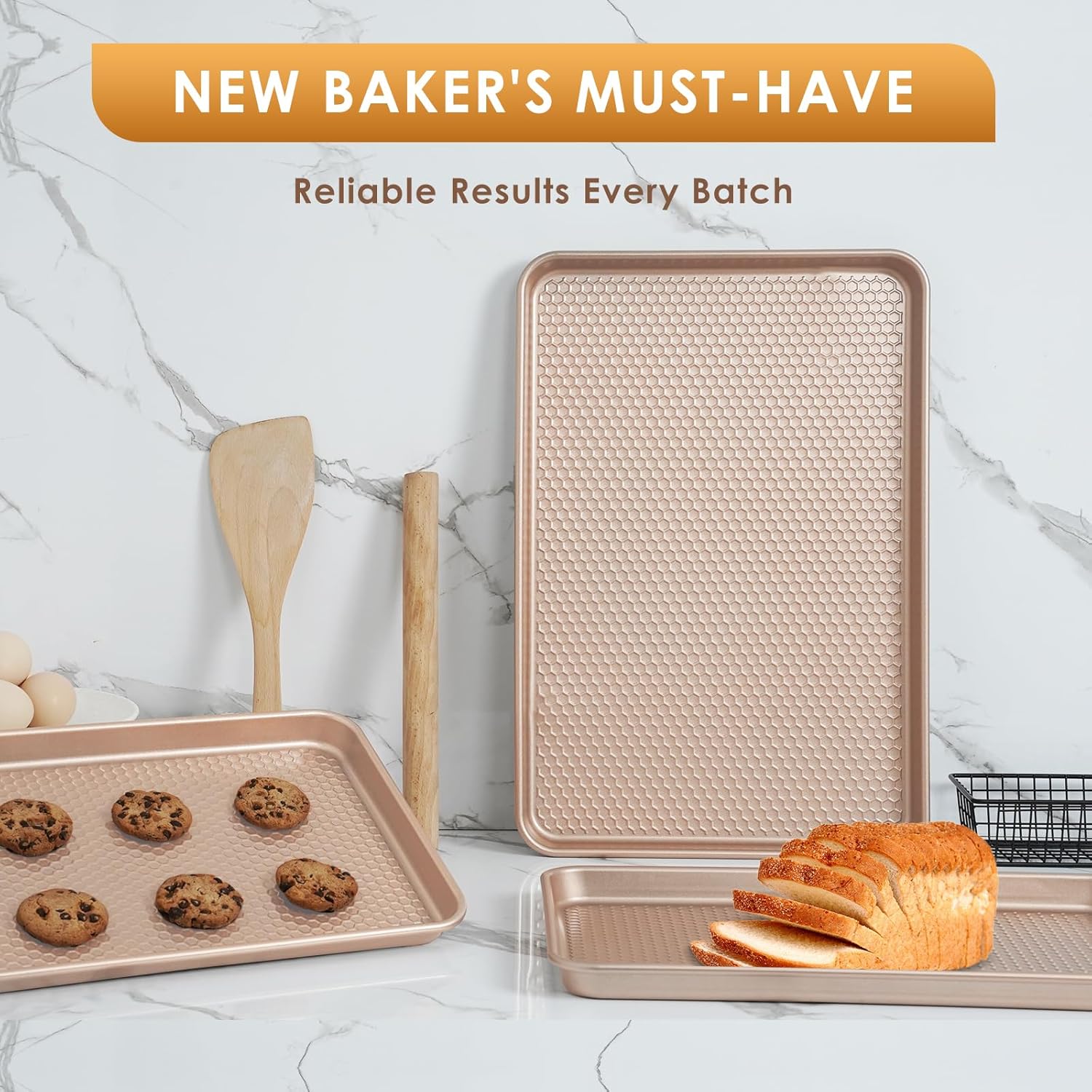 Skiennix Baking Sheet Pan Set - Nonstick Carbon Steel Cookie Sheets | Heavy Duty Rose Gold, Easy Clean