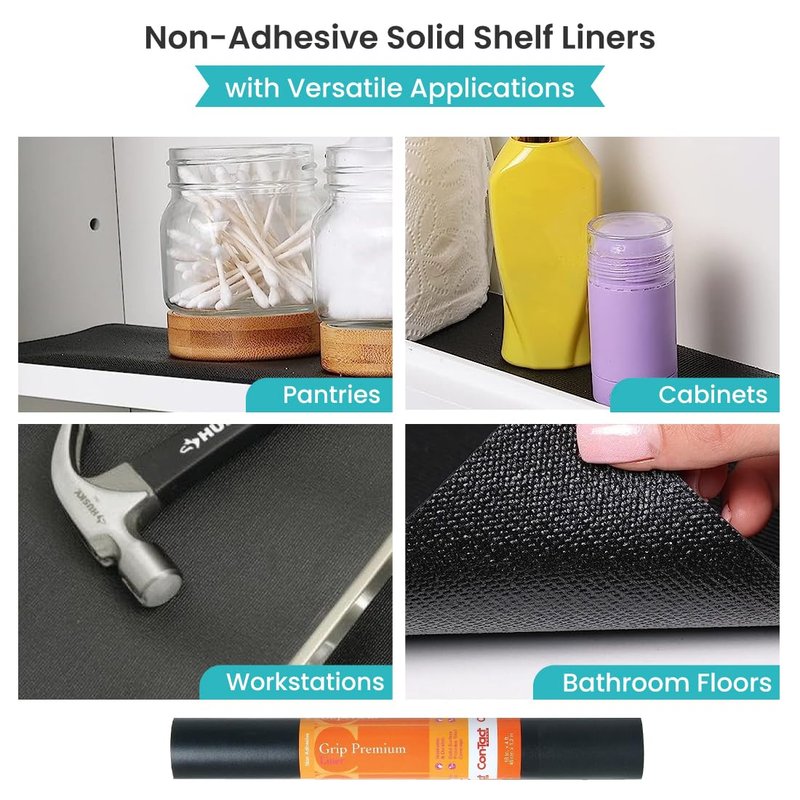 Con-Tact Brand Grip Premium Solid Shelf Liner, Thick and Non-Adhesive Drawer Liner, Multi-Purpose and Easy to Use, 18" x 4', Black, Pack of 6 Rolls