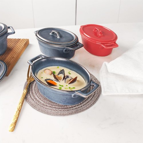 Ceramic Mini Oval Cocotte Set - 10 Oz Small Casserole Dishes with Lids | Set of 2, Blue, Oven & Microwave Safe