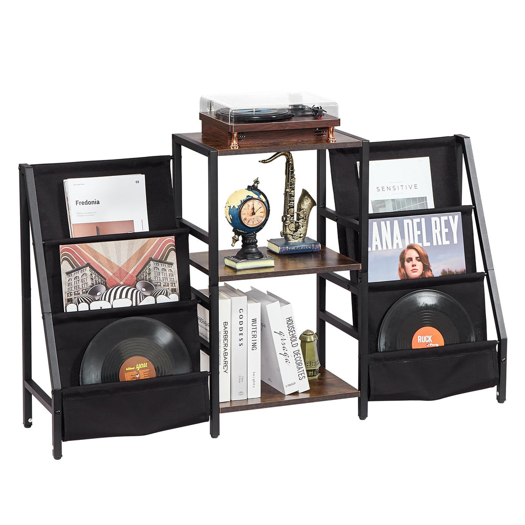 VEVOR Record Player Stand, 3 Tiers Metal Vinyl Record Stand, Turntable Stand with Record Holder Vinyl Display Shelf, Wooden Record Holder Ideal for Bedroom, Living Room, Black