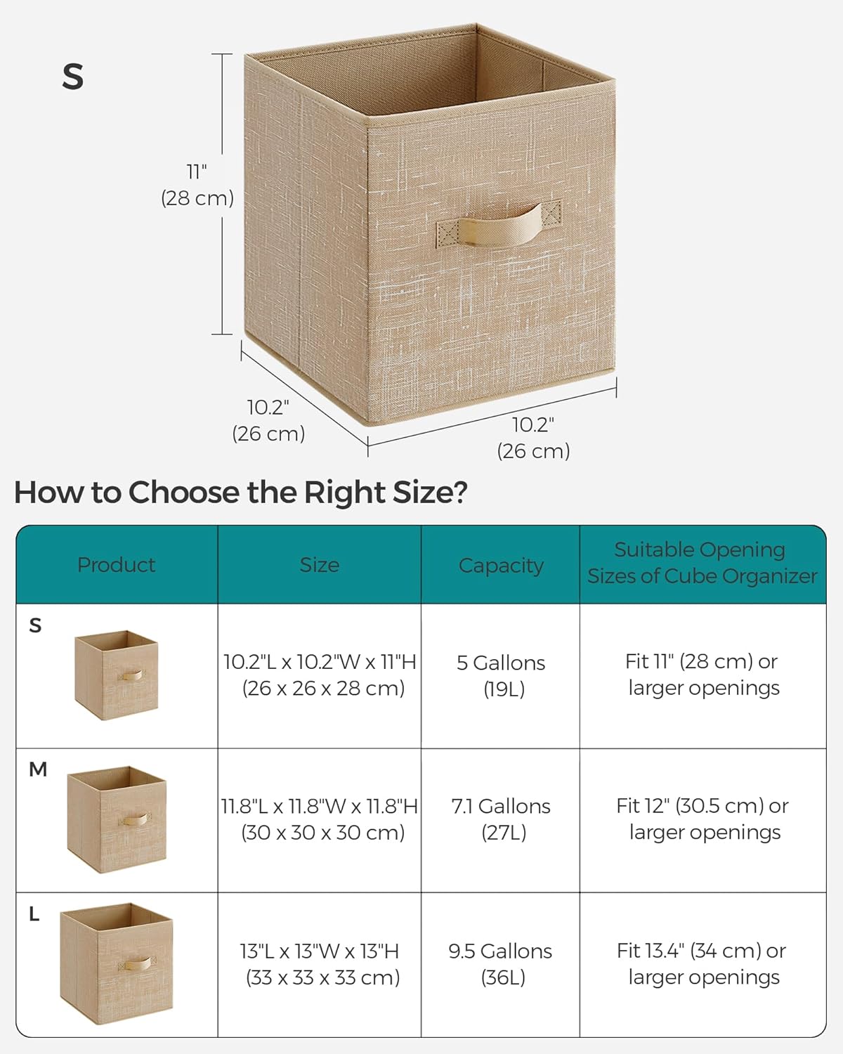 SONGMICS Storage Cubes - 11-Inch Non-Woven Fabric Bins with Double Handles - Set of 6, Sand Beige Closet Organizers