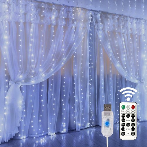 HOME LIGHTING 300 LED Window Curtain String Lights - 8 Modes, USB Powered, Waterproof for Christmas & Party Decor