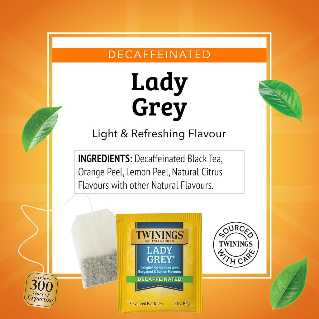 Twinings Decaffeinated Lady Grey Black Tea - Individually Wrapped 20 Count with Orange & Lemon Peel