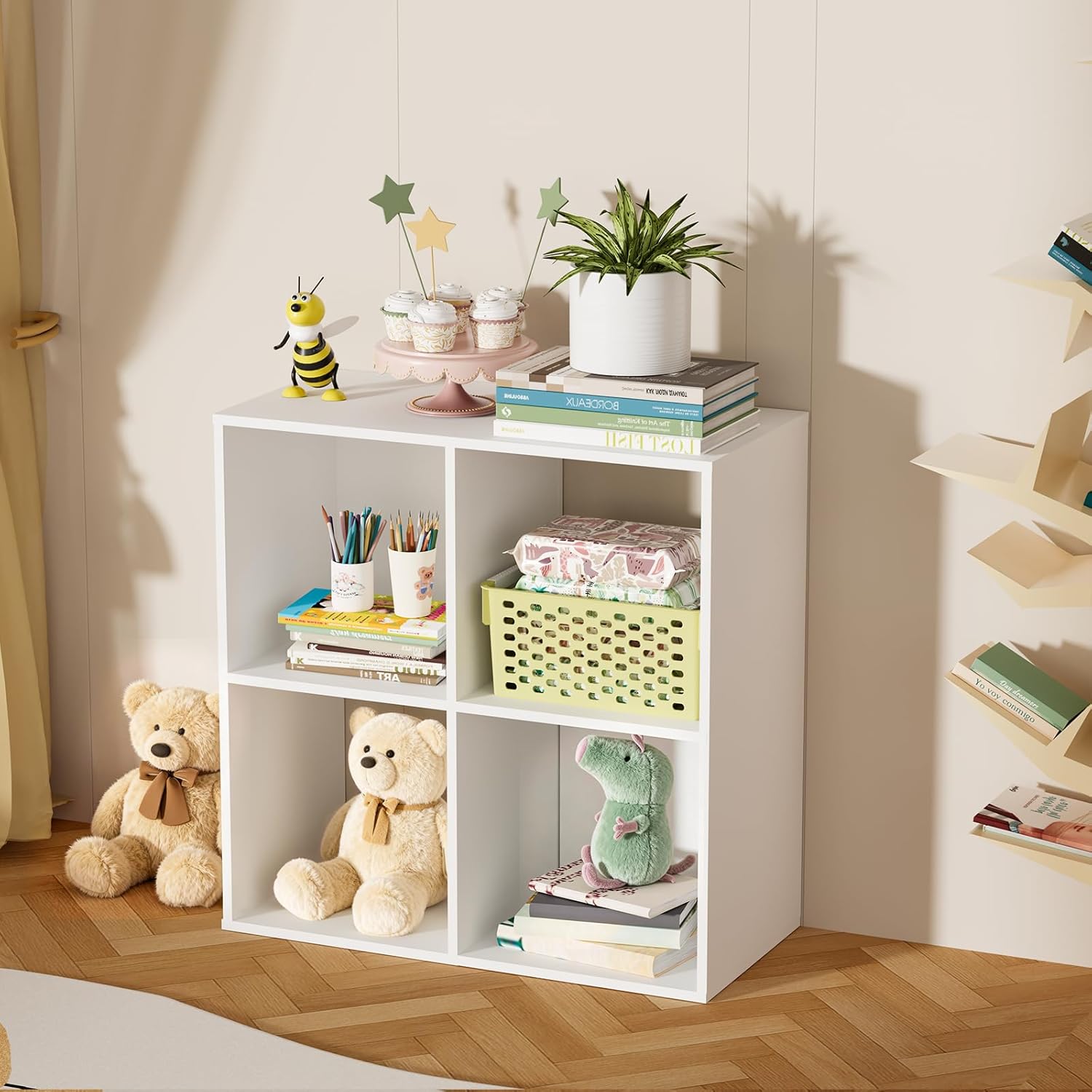 4 Cube Storage Organizer by [Brand Name] - Stylish Bookcase with Open Back for Bedroom & Home Office (White)
