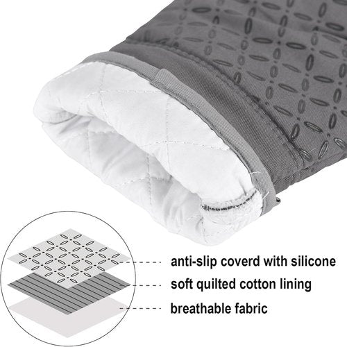 KEGOUU High Heat Resistant Oven Mitts - 6-Piece Set with Non-Slip Silicone | Extra Long, Grey