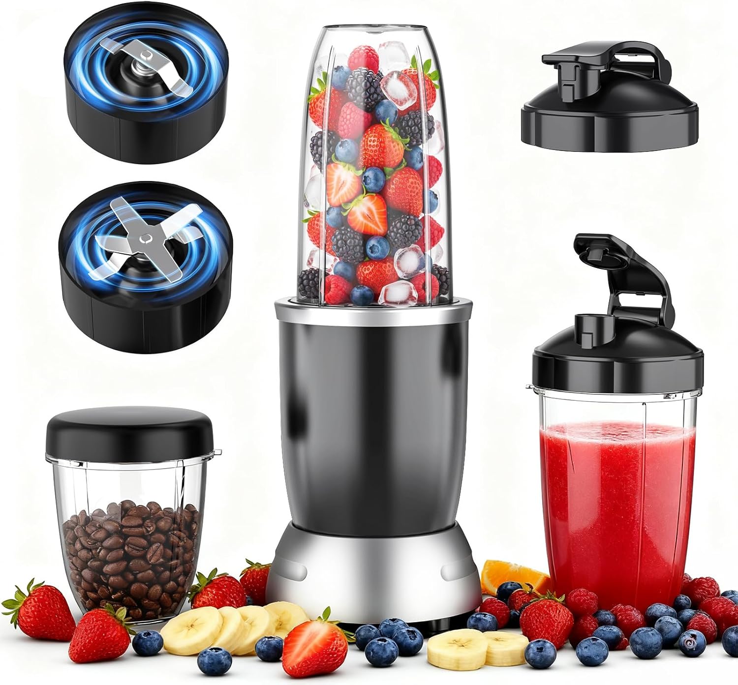 **Smoothie Blender | 25000 RPM Portable Kitchen Blender with 37oz, 32oz & 23oz Cups, 2 Spout Lids**