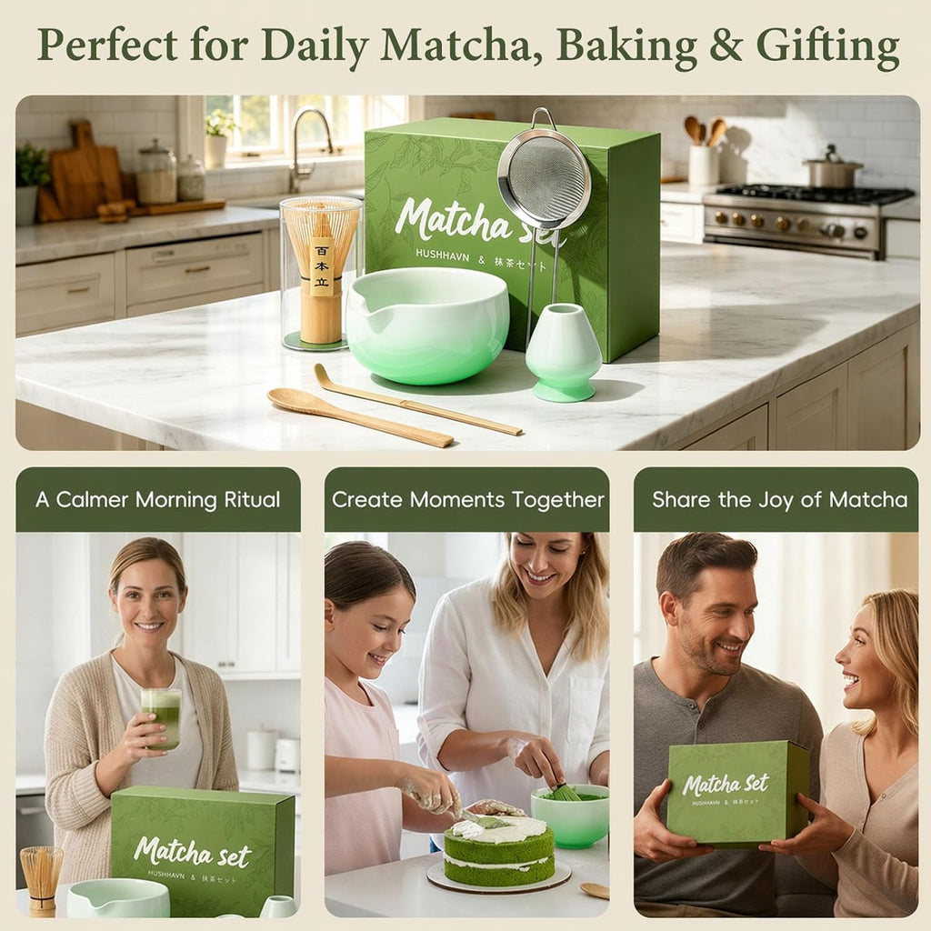 Skiennix Matcha Whisk Set - Complete 6PCS Ceramic Kit with Bowl, Bamboo Whisk, Scoop & Sifter (Green)