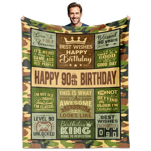Whasnrt 90th Birthday Gifts for Men, 90 Year Old Birthday Gift for Man, Happy 90 Birthday' for Men Blanket 60" X 50", Gift for 90' Year Old Man, 90th Birthday' Gifts Ideas