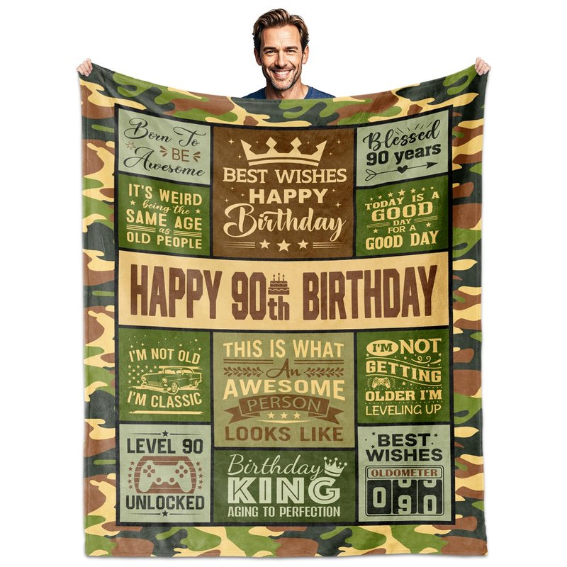 Whasnrt 90th Birthday Gifts for Men, 90 Year Old Birthday Gifts for Man, Happy 90 Birthday' for Men Blanket 60" X 50", Gifts for 90' Year Old Man, 90th Birthday' Gifts Ideas