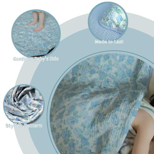 JoyTrek 100% Cotton Muslin Baby Blanket,Reversible Receiving Blanket for Girls,Premium Organic Cotton Crib Quilt for Newborns Toddlers,Soft&Durable for Nursery,Tummy Time,Blue Rose 47x47in