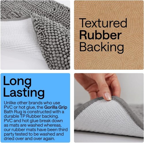 GORILLA GRIP Plush Chenille Bath Rug Mat - Soft Microfiber for Oval Toilet Base, Grey, Machine Washable