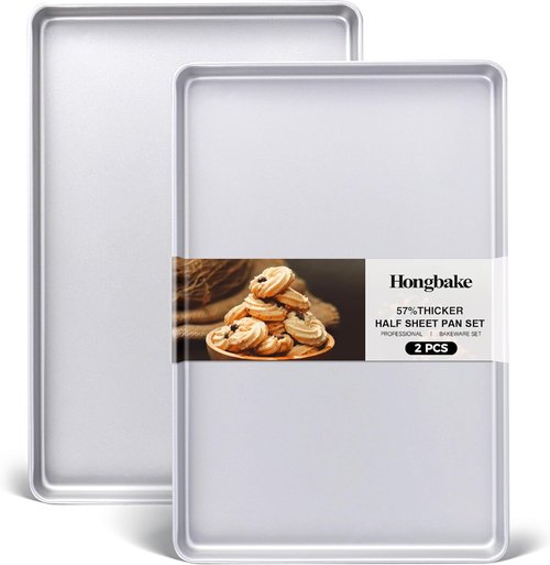 HONGBAKE Half Baking Sheet Pan Set - Nonstick Heavy Duty Cookie Trays, Dishwasher Safe | 2 Pack, Silver