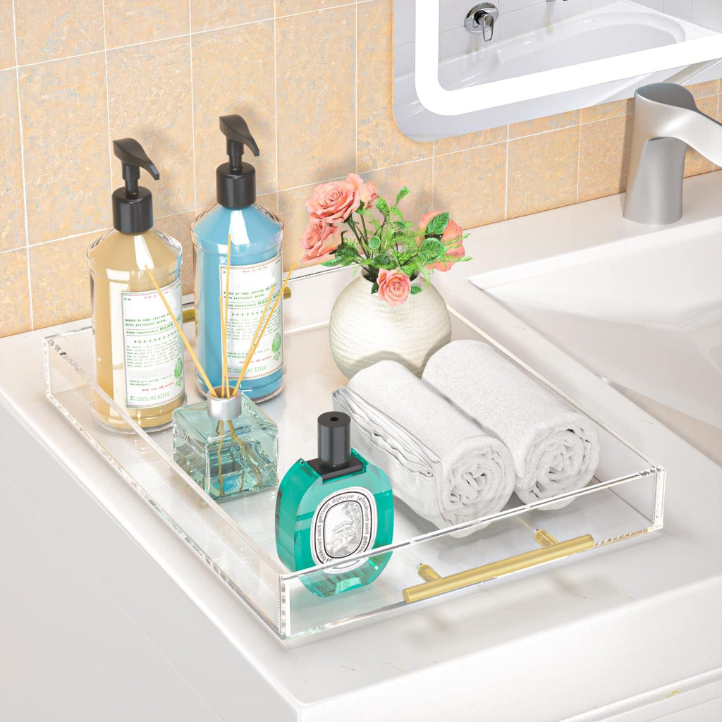 HIIMIEI Acrylic Serving Tray 12x16 Inch, Clear Trays with Gold Handles, Decorative able Tray for Coffee, Appetizer, Breakfast, Bathroom, Vanity