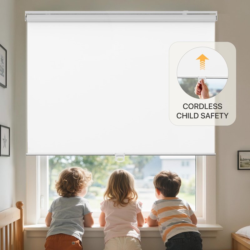 GENIMO 100% Blackout Roller Window Shades, Window Blinds Cordless with Thermal Insulated, UV Protection Fabric, Mini French Door Blinds for Home, Bedroom, Office, White, 46" W X 72" H