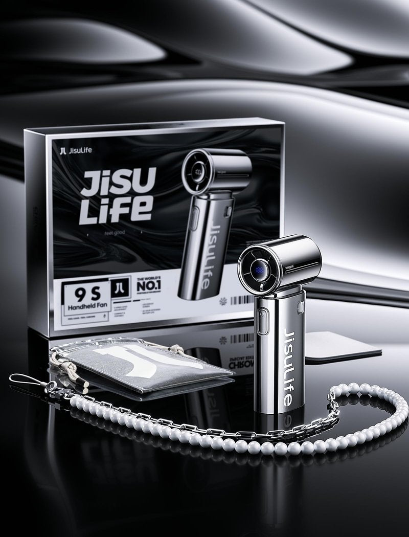 JISULIFE Portable Handheld Fan, Turbo Power High Speed Air [22H Max Cooling Time], 5 Gear Wind, 5000mAh Rechargeable, Mini Pocket Design, Personal Fan for Travel Concerts Camping Makeup - Chrome