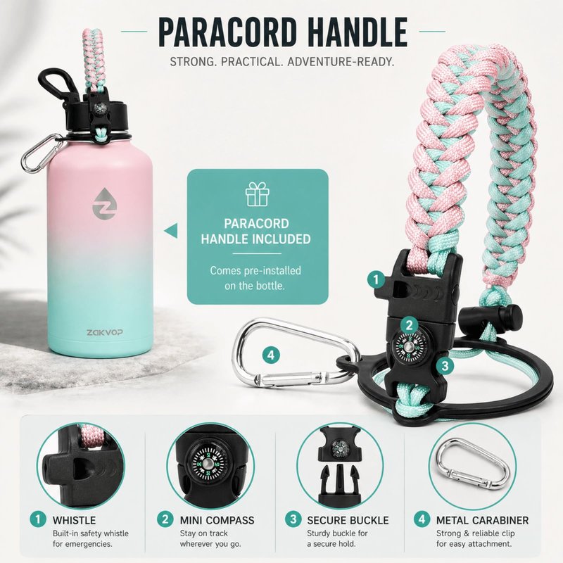 ZAKVOP 64 oz Insulated Water Bottle with Straws&3 Lids, ZAKVOP Half Gallon Water Bottle Stainless Steel Double Walled, Big Water Jug with Paracord Handle, Large Metal Water Bottle for Gym