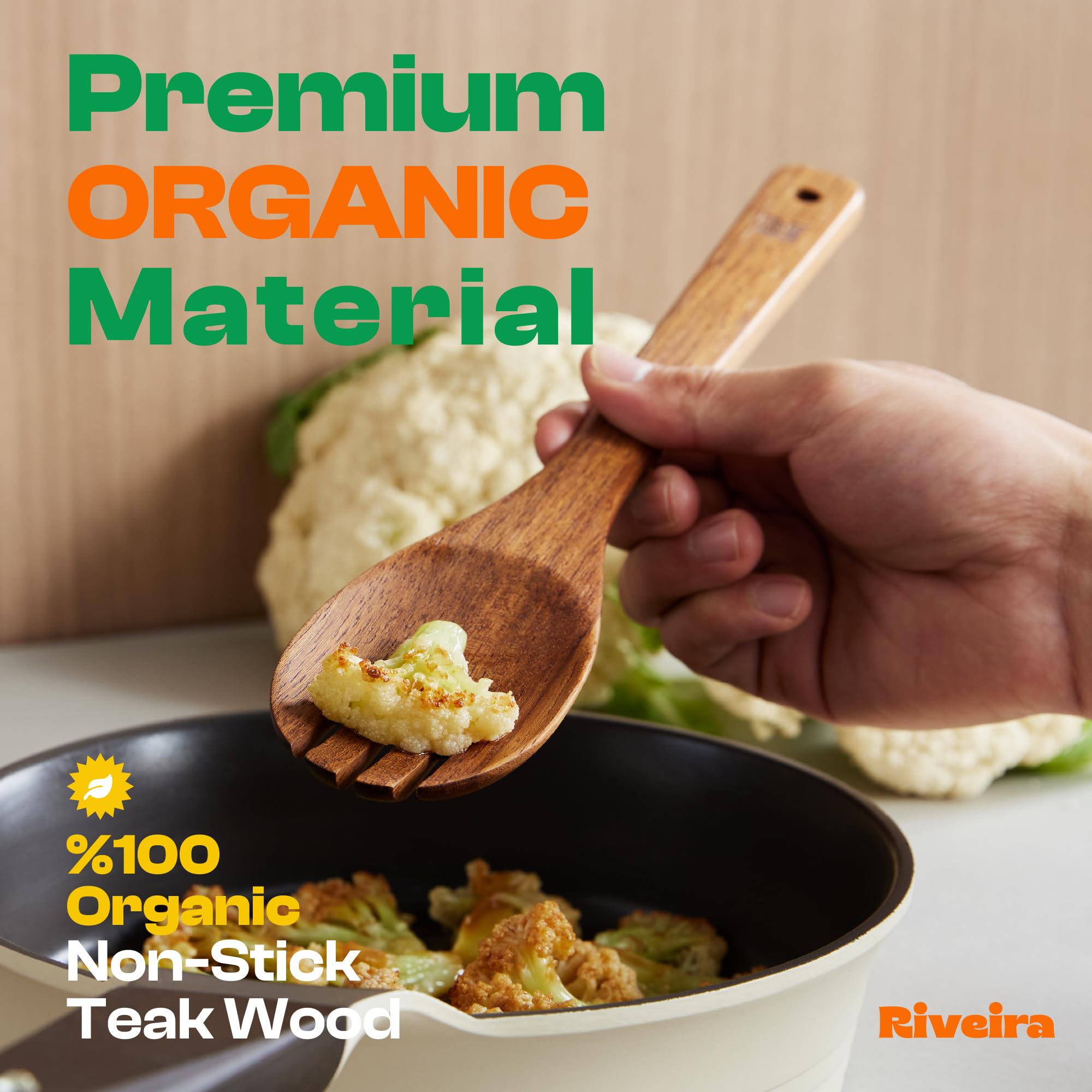 Riveira Teak Wooden Spoons for Cooking Set of 6 – Natural Teak Wooden Cooking Utensils, Wooden Spatula, Wooden Spoon - Premium Quality Utensil Set for Non-Toxic Cooking