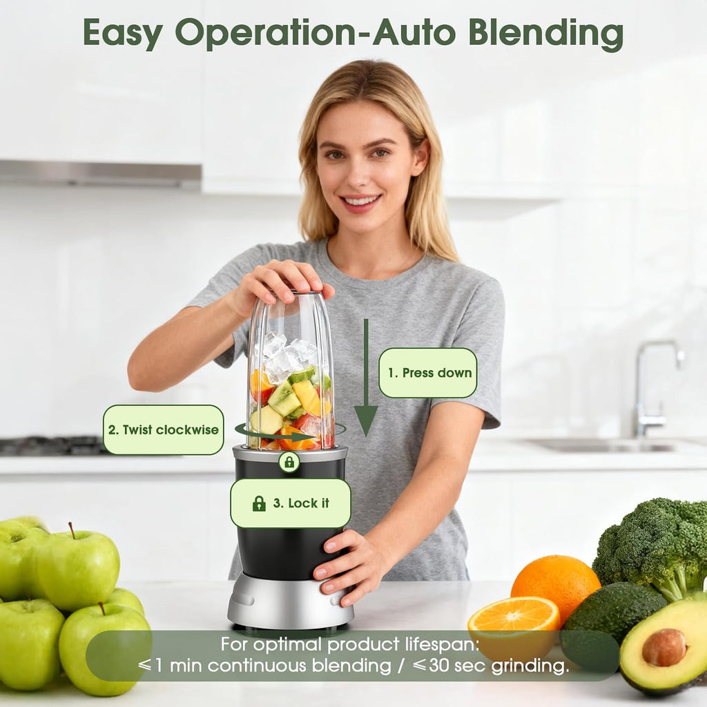 **Smoothie Blender | 25000 RPM Portable Kitchen Blender with 37oz, 32oz & 23oz Cups, 2 Spout Lids**