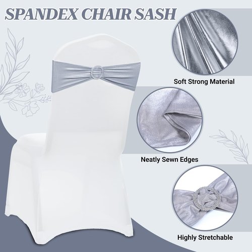 MDS Spandex Foil Chair Sashes - Universal Elastic Stretch Bands with Buckle for Weddings | Metallic Silver - Pack of 50