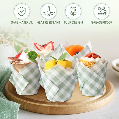Maxdot 200 Pcs Sage Green Gingham Plaid Tulip Cupcake Liners for Baking Paper Muffin Baking Cups Checkered Tulip Muffin liners Wrappers for Bridal Baby Shower Wedding Birthday Party Decor