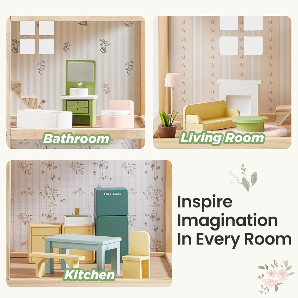 Tiny Land Wooden Dollhouse - 6 Rooms DIY Dollhouse with 31 Furniture Accessories | Creative Gift for Girls Ages 3+