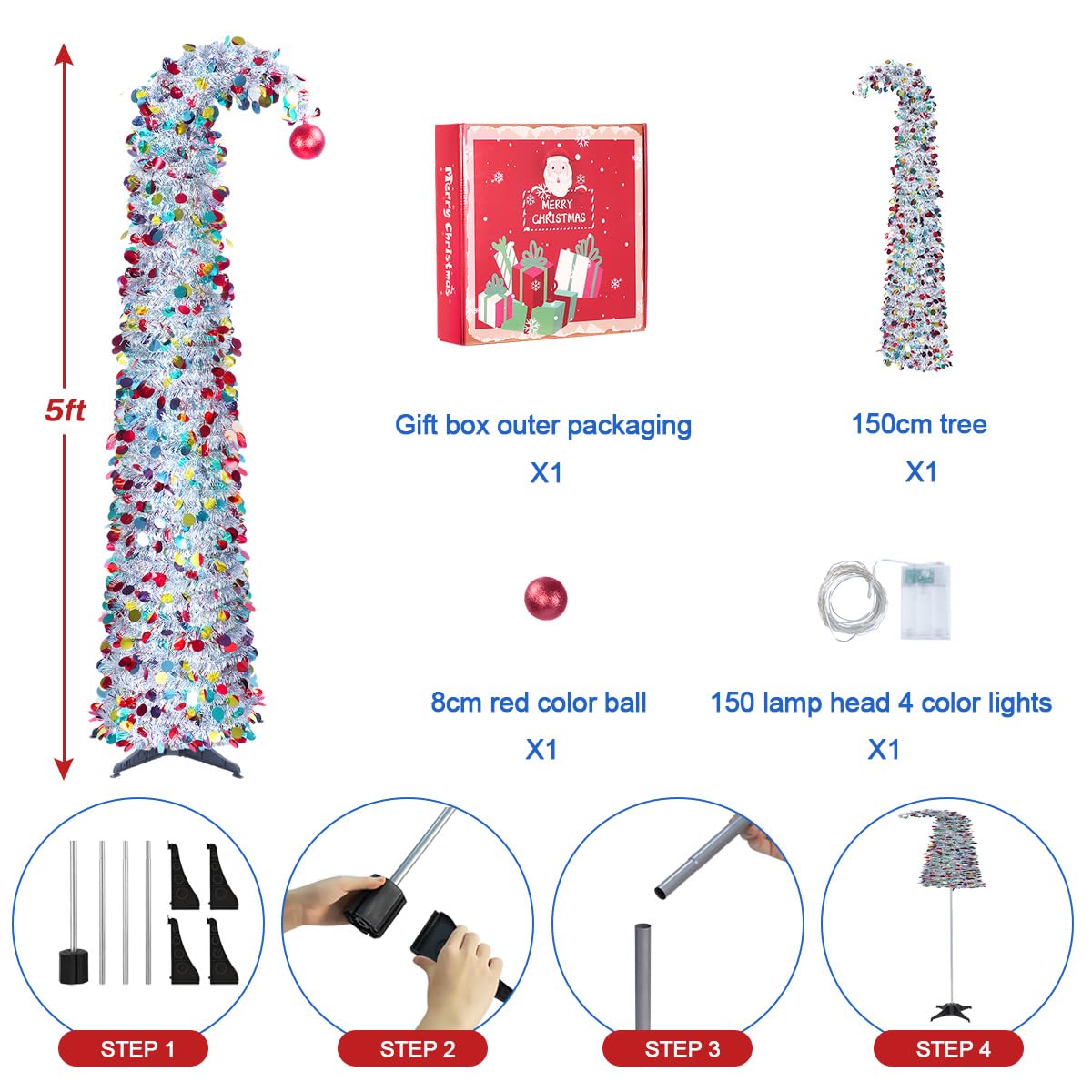 NEXSTRON 5Ft Pop Up Christmas Tree Collapsible with Lights, Easy Pull Up Christmas Tree Foldable with 150 Color Lights, Colorful Silver Pencil Skinny Tinsel Xmas Tree with Storage Box for Apartments