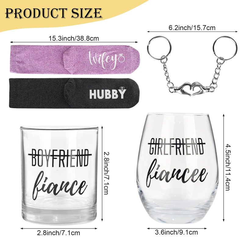 ONEHAUS Engagement Gifts for Couples, Fiance Gifts for Her Him Newly Engaged Gift Ideas for Women, Engagement Present Party Decorations Mr and Mrs, Wine Whiskey Glasses Set Socks for Fiance Fiancee
