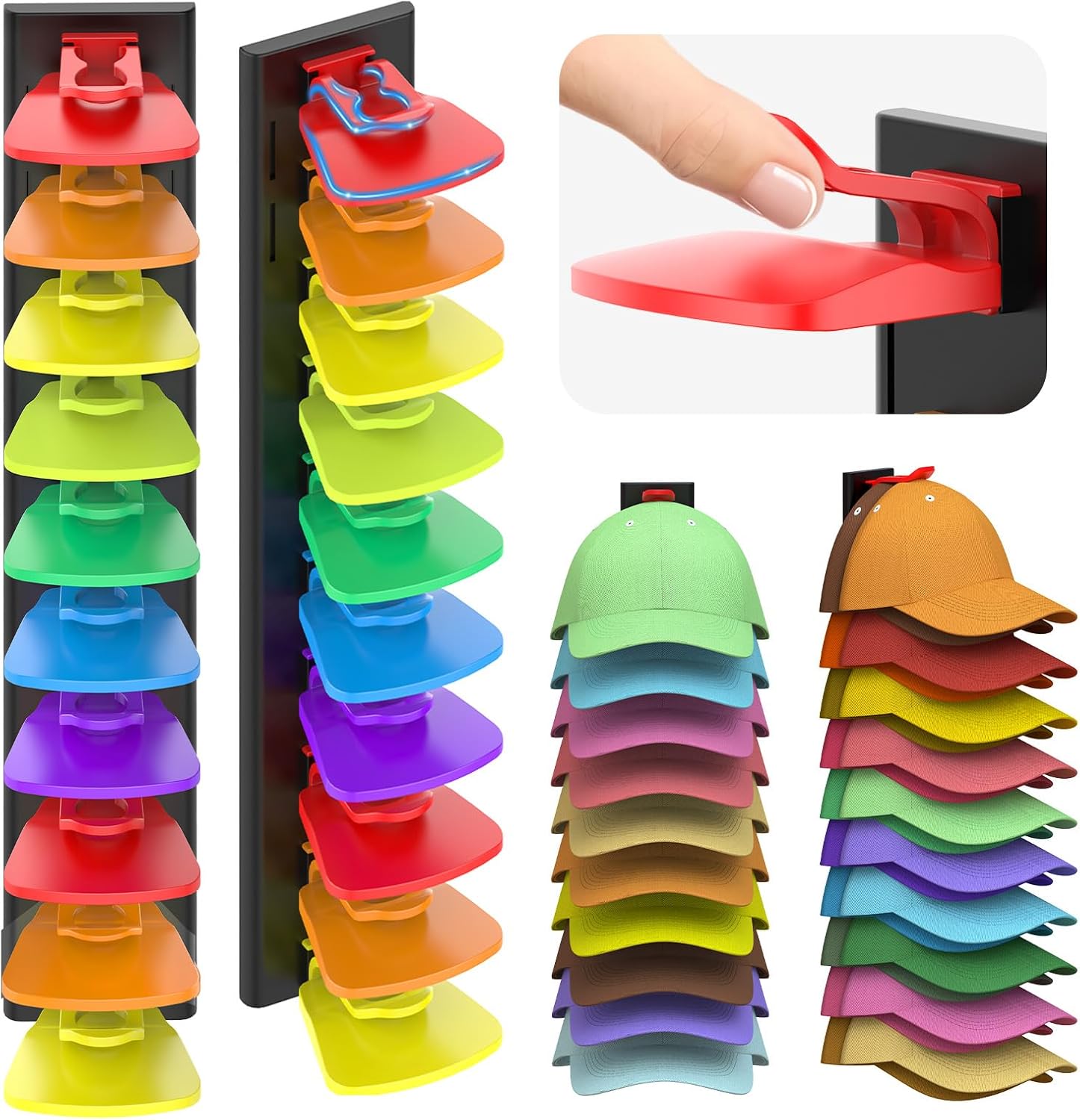 Volnamal Hat Organizer - Space-Saving Wall Rack for 40 Baseball Caps | 2 Pack (Black & Color)