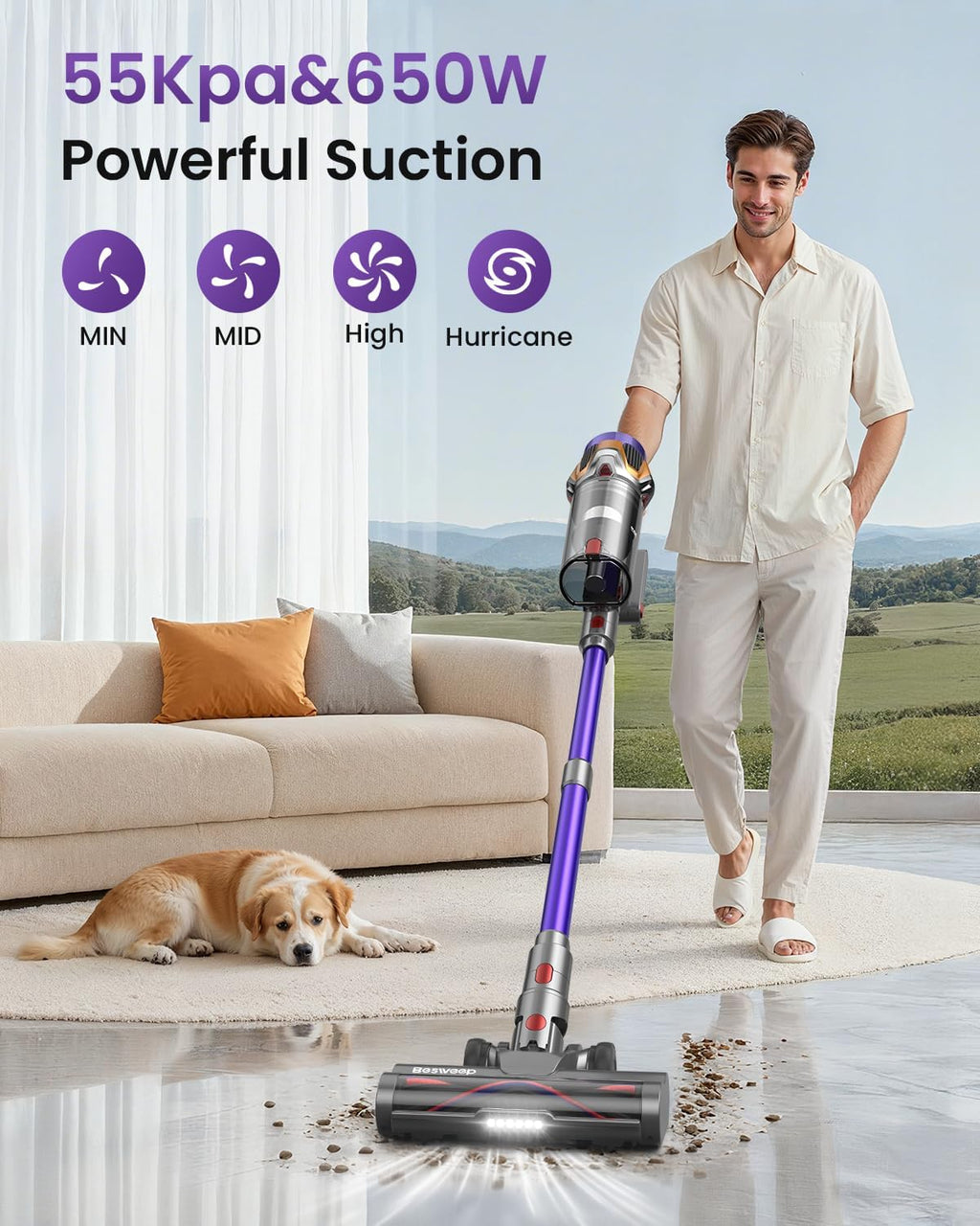 Skiennix Cordless Vacuum Cleaner - 55Kpa Suction Power, 70 Minutes Runtime, Touch Screen | Self-Standing Design for Home & Pet Hair