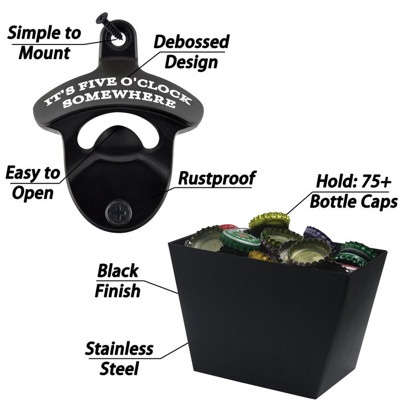 HAIICEN Black Wall Mounted Bottle Opener with Cap Catcher Stainless, IT'S FIVE O'CLOCK SOMEWHERE Screw in Wall Beer Cap Opener Bucket Gift