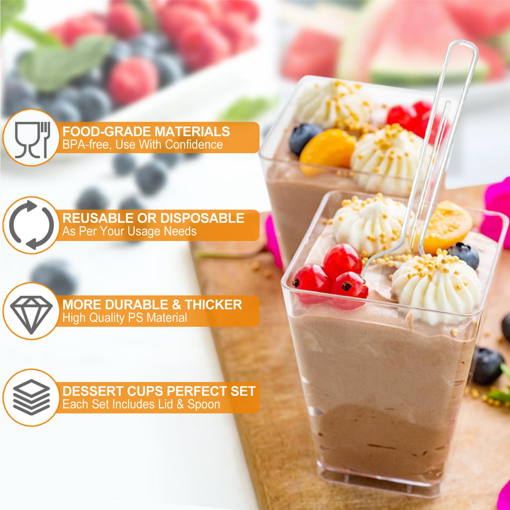 SEANSDA 50 Pack 5oz Plastic Dessert Cups with Lids and Spoons