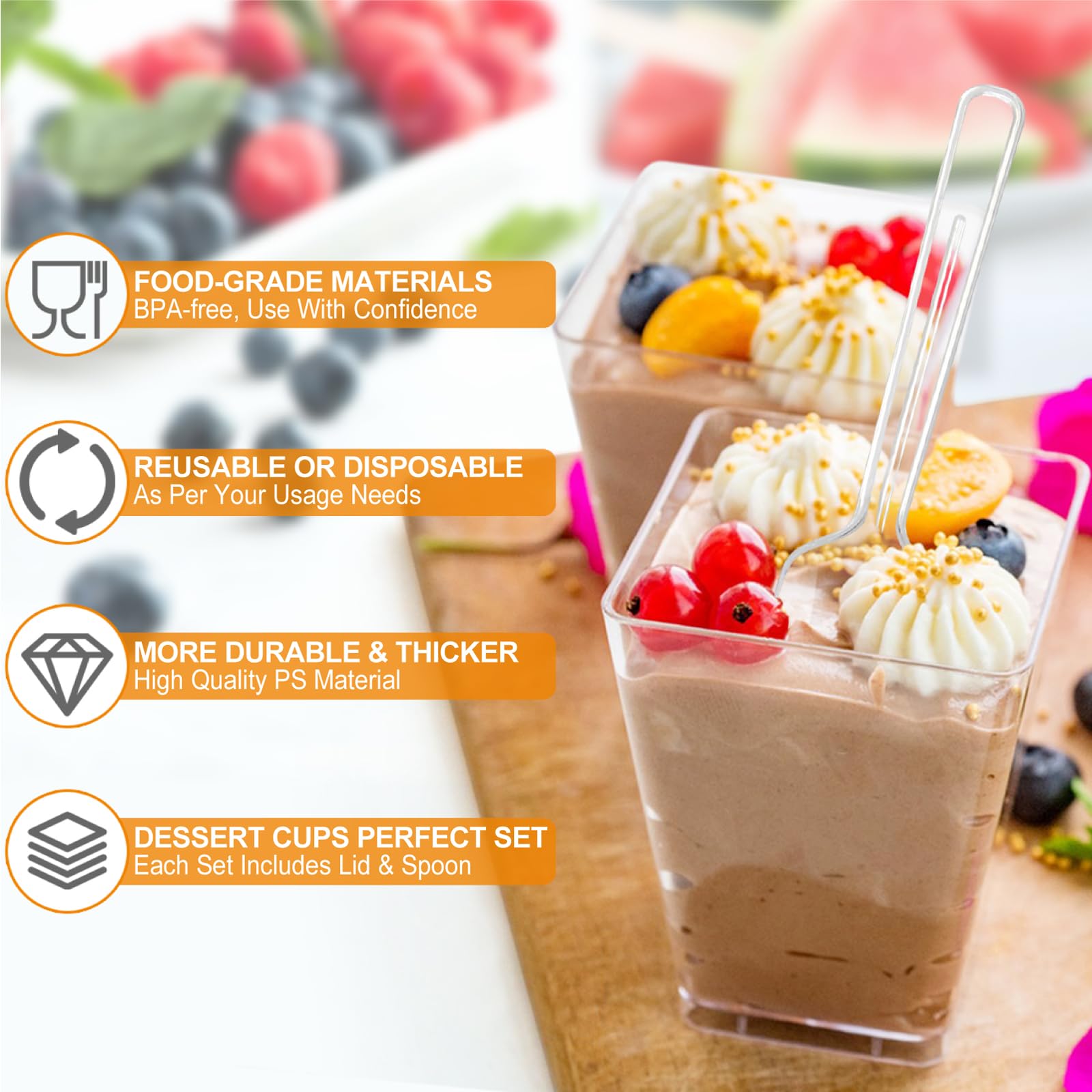 SEANSDA 50 Pack 5oz Plastic Dessert Cups with Lids and Spoons