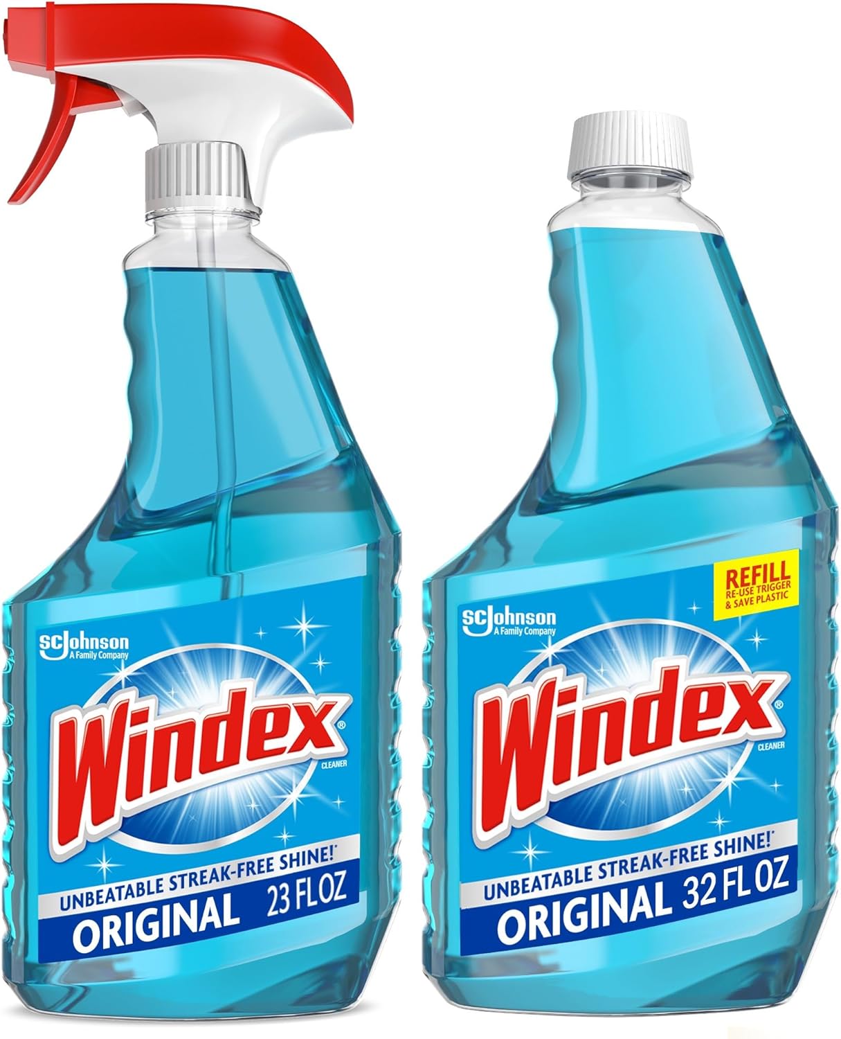 Windex Glass & Window Cleaner Bundle - Original Blue Scent | 23 Fl Oz Spray & 32 Fl Oz Refill