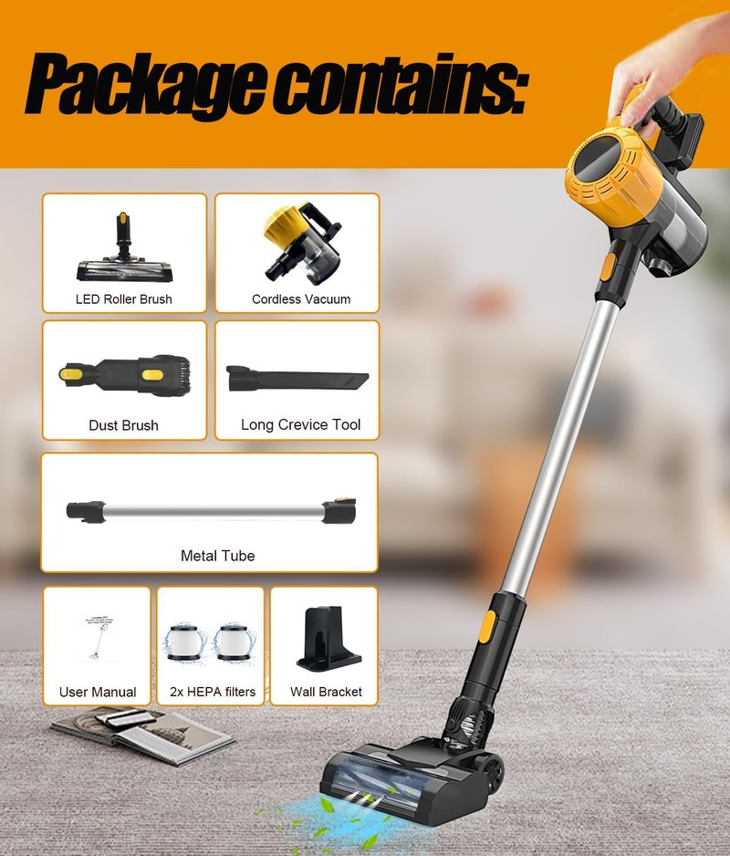 Cordless Vacuum Cleaner for Dewalt 20V Battery, 35KPA Lightweight Stick Vacuum with HEPA & Wall Bracket, 6-in-1 Vacuum Cleaners for Home Carpet Pet Hair Hardwood Floor (No Battery)