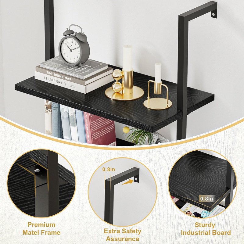 Shahoo Ladder Shelf, 5-Tier Bookshelf with Metal Frame, Open Display Organizer Rack, Wood Wall Mounted, Storage Shelves for Living Room, Hallway, Office, Black