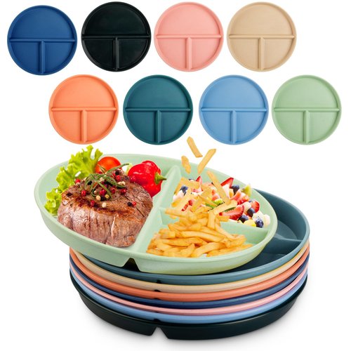 16 Pcs 9 Inch Unbreakable Divided Plates for Kids Adult Dishwasher Microwave Safe 3 Compartment Plates Lightweight Healthy Plastic Reusable Dinner Plate for Child Dishes(Multi Colors)