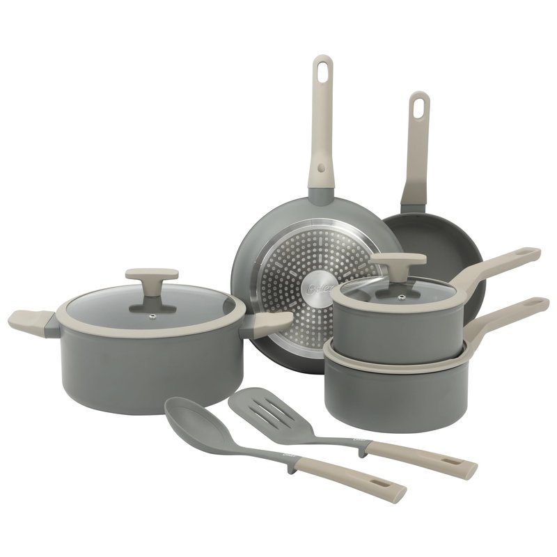 Oster Ambrose 10 Piece Forged Aluminum Premium PFA Free Ceramic Nonstick Pots and Pans Cookware Set W/Induction &Stay Cool Handles - Grey/Taupe
