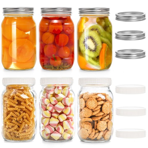 Jucoan 6 Pack Wide Mouth Glass Mason Jar Canning Jar with Lid and Band, 32 oz Quart Size Square Mason Jars for Preserving, Fermenting, Pickling, Salad, Juice, Food Storage, with 6 Plastic Lids