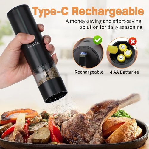 LUDKIM Electric Salt & Pepper Grinder Set- Dual Pack Rechargeable Automatic Pepper Mill with Storage Base, Adjustable Coarseness, Type-C Charging, Each 40ml Capacity for Kitchen, Travel & Gift