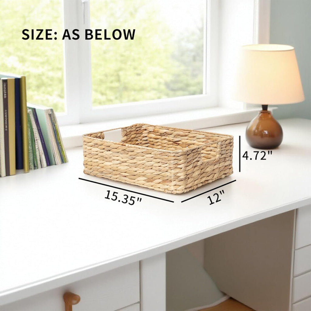 YAHUAN Water Hyacinth Storage Baskets - Stylish Organizing Solution with Handles | Square Shallow Design